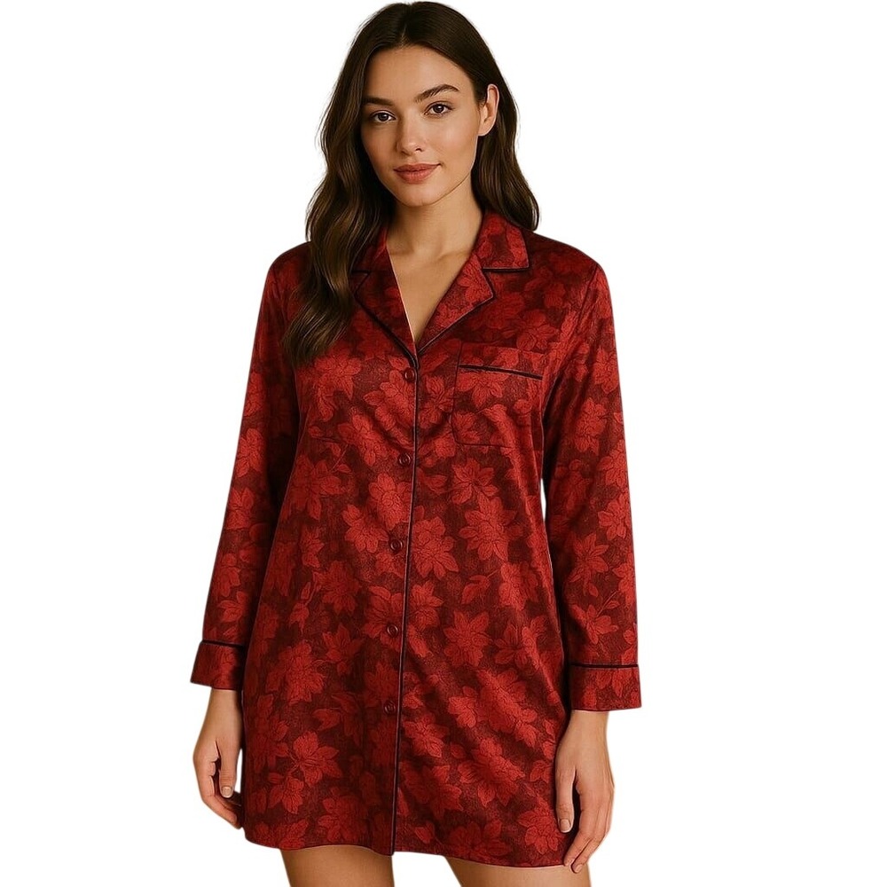 Kim Rogers Floral Print Button Down Sleep Shirt Red Long Sleeve‎ Size L